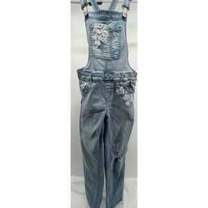 Kids Light Wash Denim Overalls w/ White Crochet Flower Embellishments Distressed